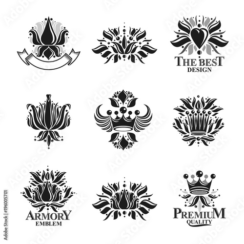 Royal symbols, Flowers, floral and crowns, emblems set. Heraldic vector design elements collection. Retro style label, heraldry logo.