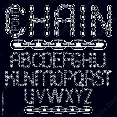 Vector script, modern alphabet letters set. Upper case creative font  made with steel chain link, joined link.