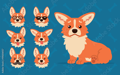 Cute Welsh Corgi constructor. Vector illustration of Corgi dog sitting and its head shows different emotions in flat cartoon style on blue background. Smiley. Element for your design. Emoticon.
