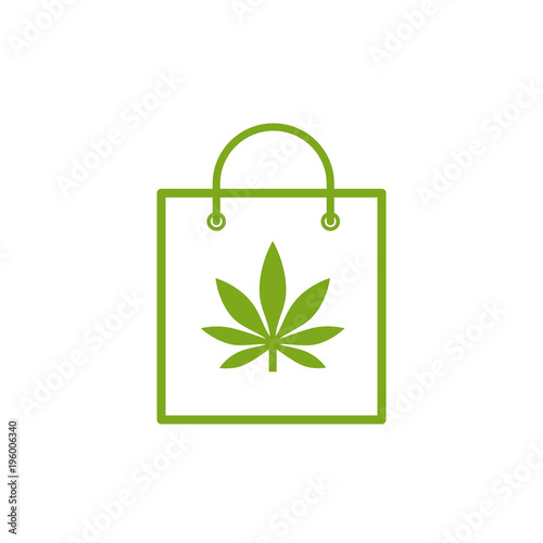 Shopping Bag of medicinal cannabis. Bag with marijuana icon. Medical marijuana icon. Drug symbol. Vector illustration on white background.