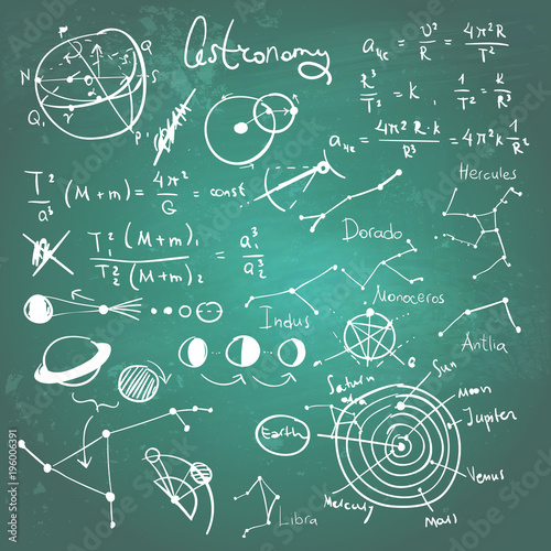Astronomic drawings on a chalkboard