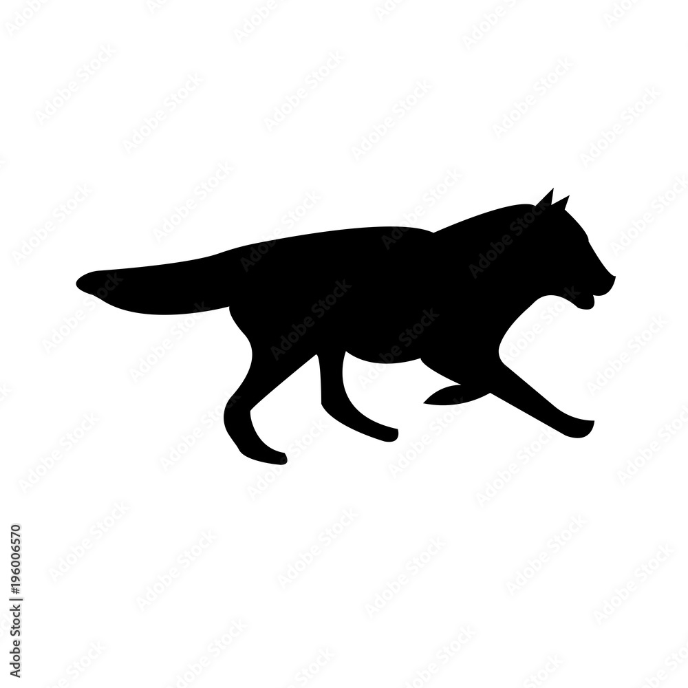 black wolf running silhouette on white background