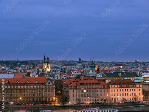 Scenic view of Historical center of Prague during blue hour after sunset, buildings and landmarks of old Prague town,Czech Republic.