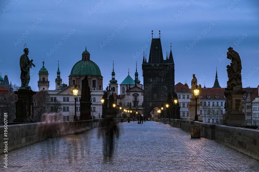 Charles Bridge in Prague, Czech Republic during blue hour.