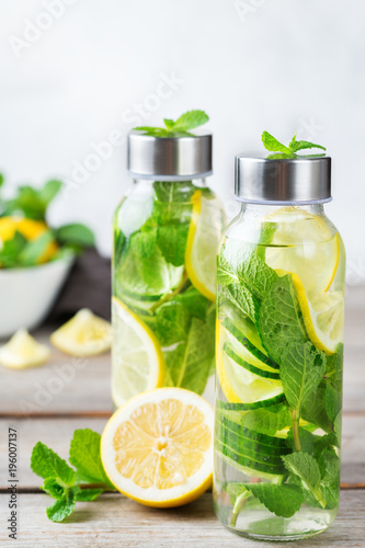 Fresh cool lemon cucumber mint infused water detox drink