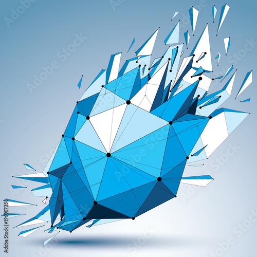 Vector dimensional wireframe blue object with dotted lines, spherical demolished shape with fractures and wreckage. 3d mesh technology element broken into pieces.