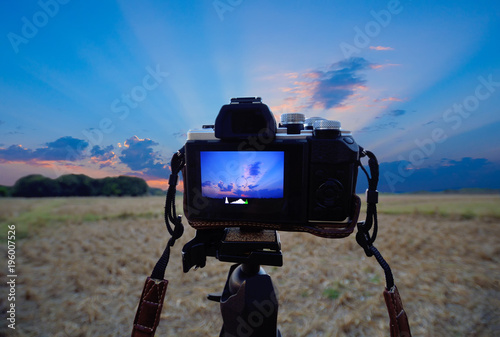 photography view camera photographer lens lense video photo digital glass blurred focus landscape photographic color concept sunset sunrise sun light sky cloud - stock image