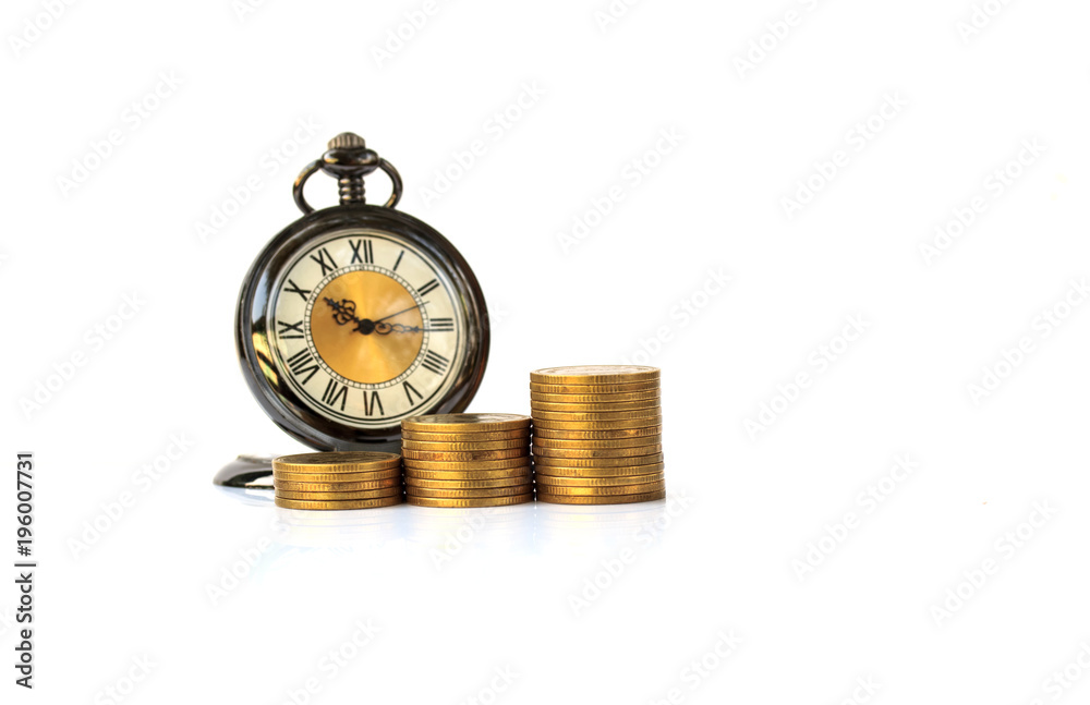 Alarm clock and money on white background. Alarm clock and money on white background.