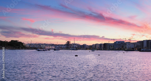 Sliema city and harbour at sunset in Malta