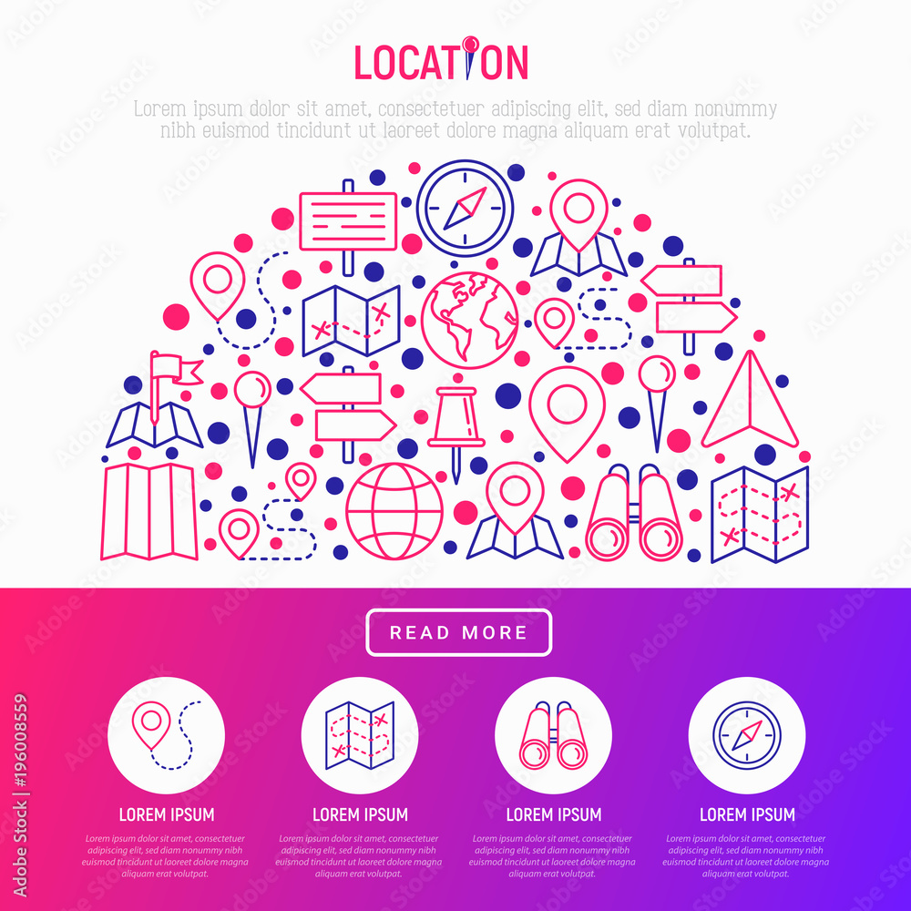 Location concept in half circle with thin line icons: pin, pointer, direction, route, compass, wall needle, cursor, navigation, gps, binoculars. Modern vector illustration for web page, print media.