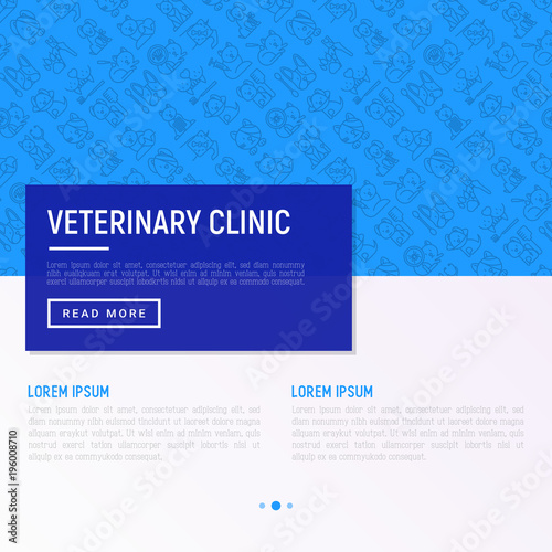 Veterinary clinic concept with thin line icons: broken leg, protective collar, injection, cardiology, cleaning of ears, teeth, shearing claws, bandage on eye, blood transfusion. Vector illustration.