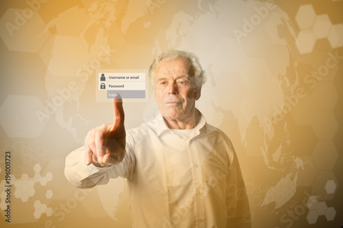 Old man is pushing the virtual button. Login and password concept.
