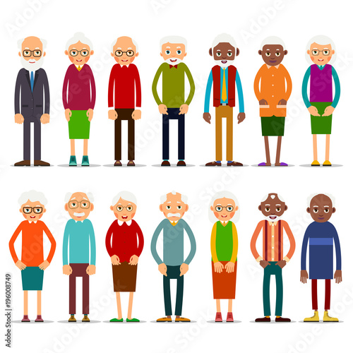 Set of diverse elderly people with avatars isolated on white background. Aged people caucasian and african. Elderly men and women. Illustration in flat style