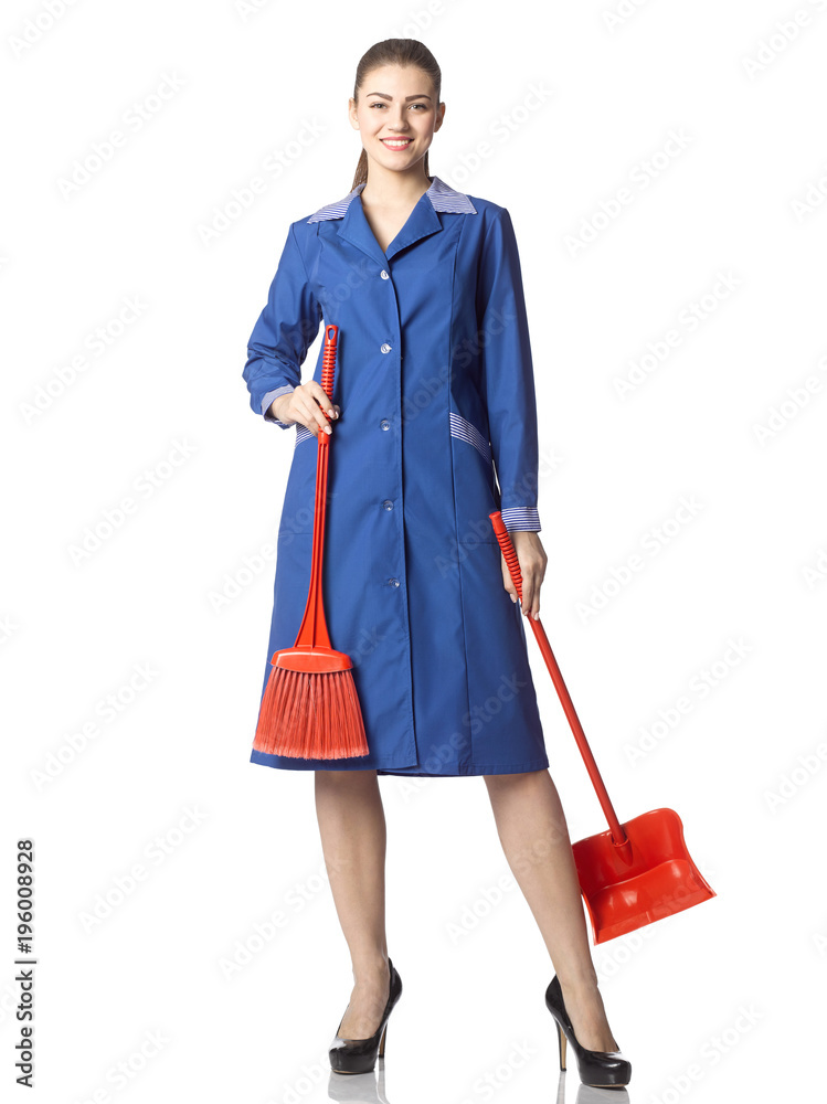 Beautiful girl cleaning woman in blue lab coat with red brush and