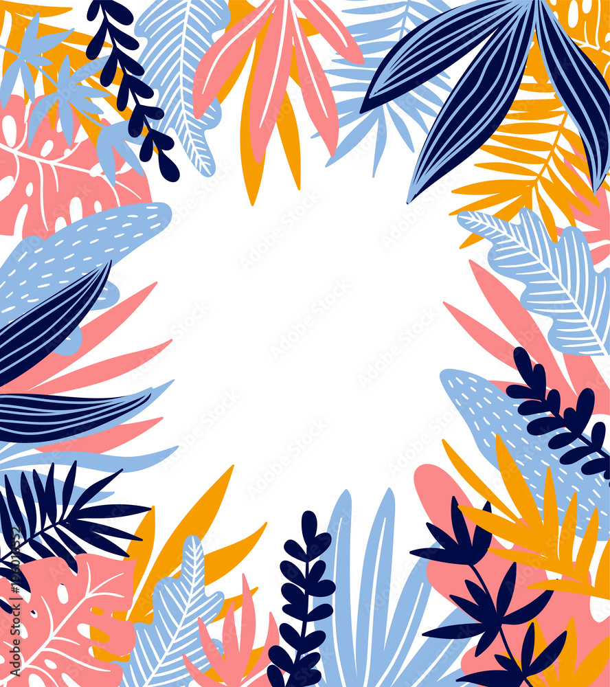 Obraz premium Tropical leaves. Vector frame in scandinavian style. Hand drawn background. Poster in orange and blue colors with place for text.