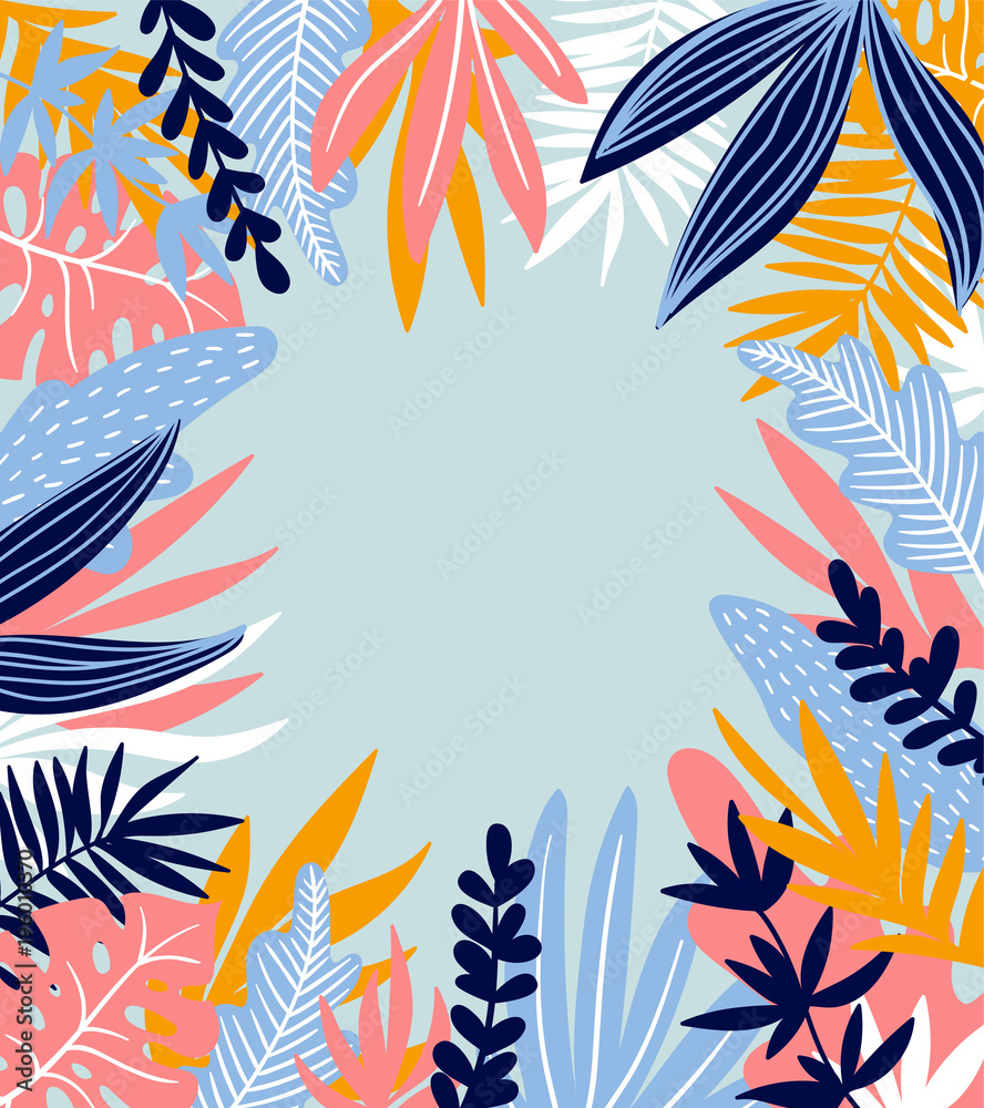 Tropical leaves. Vector frame in scandinavian style. Hand drawn background. Poster in orange and blue colors with place for text.