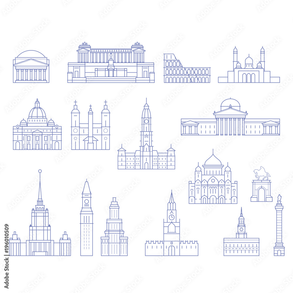 European architecture - buildings, cathedrals and monuments in line style