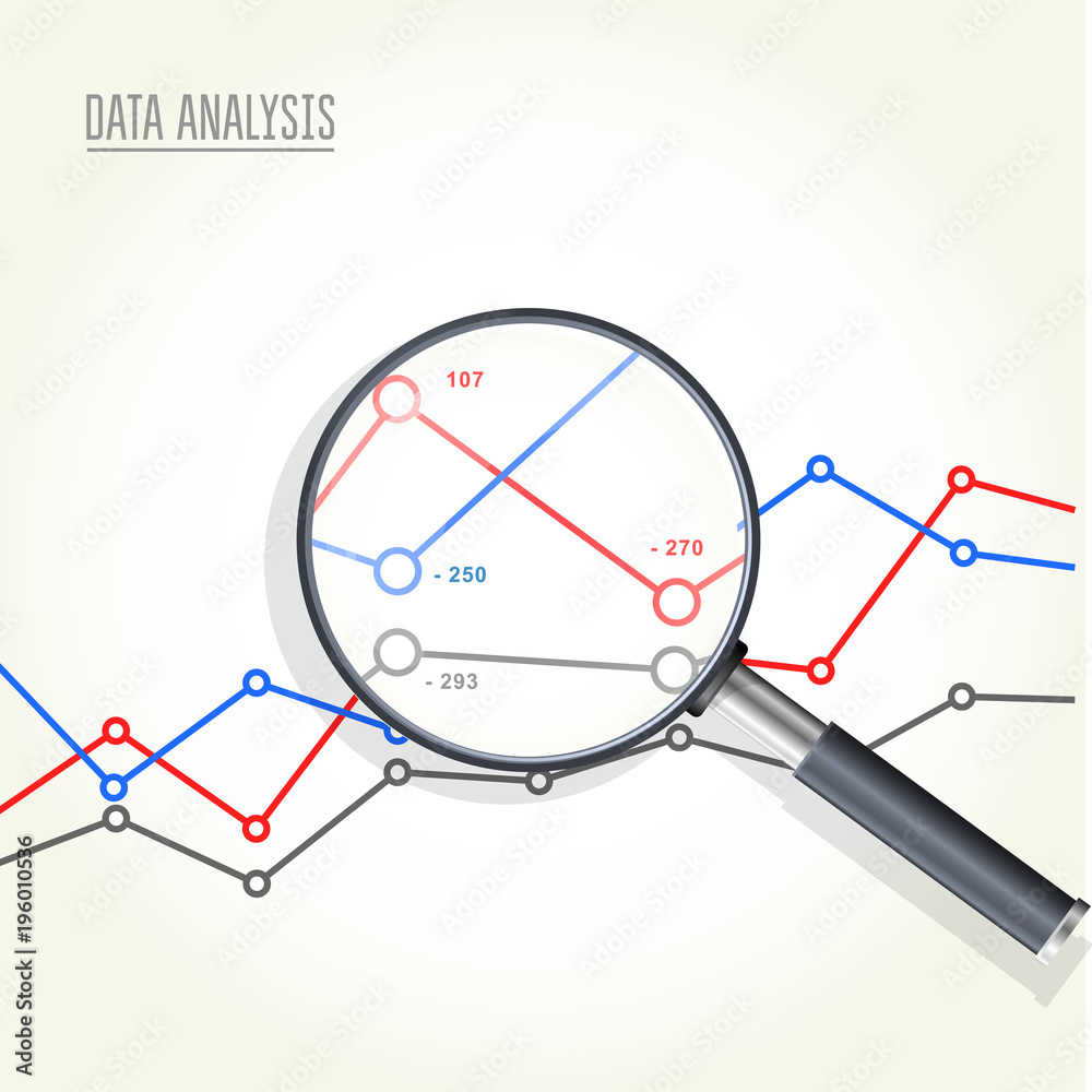 Magnifying glass over charts - data statisics research, stock market analytics