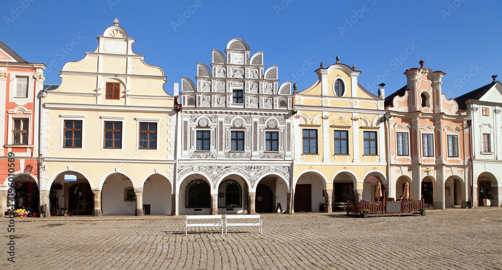 Telc town square with renaissance buildings