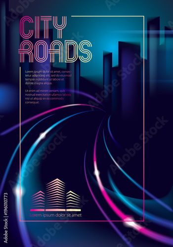 Traffic lights of the night city road, blurred lights. Effect vector beautiful background. Blur colorful dark background with cityscape, buildings silhouettes skyline.
