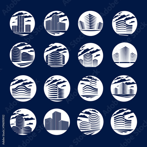 Office building round shape icons or logos set, modern architecture vector illustrations collection. Real estate realty business center designs. 3D futuristic facades over black.