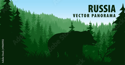 vector panorama of Russia with brown bear in woodland taiga forest