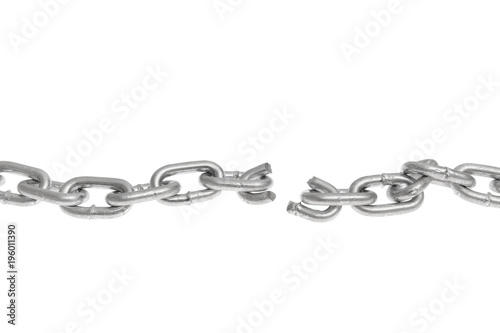 Metallic chain broken, isolated on white background