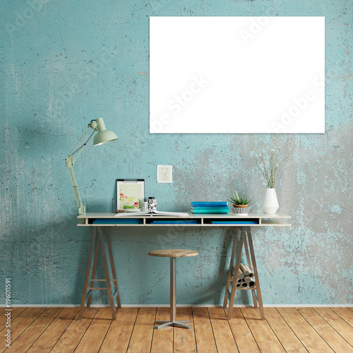 Schreibtisch mit Platz für Leinwanddruck an Wand