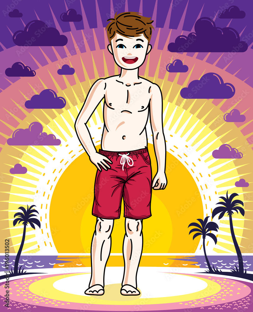 Cute little boy child standing wearing fashionable beach shorts. Vector human illustration. Fashion and lifestyle theme cartoon.