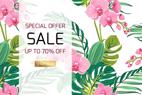 Exotic pink orchid phalaenopsis flowers tropical rainforest jungle tree monstera bright green leaves background. Sale discount promo offer banner template text placeholder for advertising marketing.