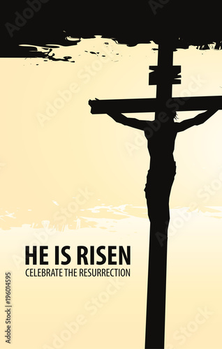 Vector banner for Easter or good Friday with words He is risen. The landscape on the religious theme with the silhouette of the cross with the crucifix