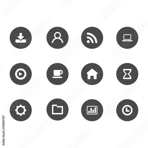 Flat circular set for web and mobile. 12 vector icon set : download, human, WIFI, PC, play, coffee cup, home, hourglass, gear, folder, graph, clock