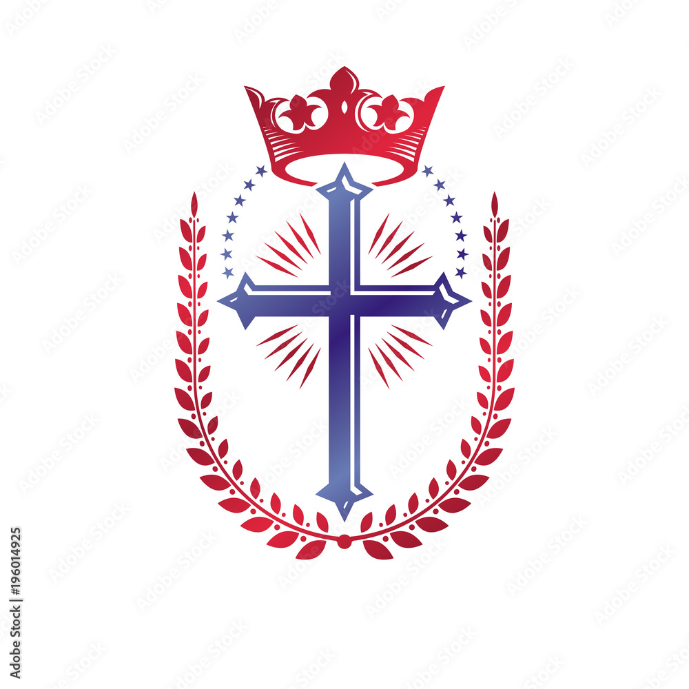 Christian Cross decorative emblem. Heraldic vector design element composed with laurel wreath and imperial crown. Retro style label, heraldry logo, religious vintage symbol. Christian Cross decorative emblem. Heraldic vector design element composed with laurel wreath and imperial crown. Retro style label, heraldry logo, religious vintage symbol.