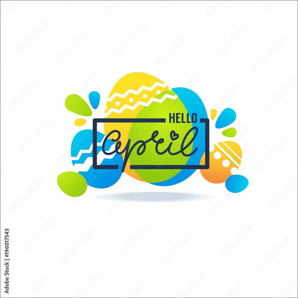 Fototapeta premium Hello April greeting banner with Easter decorative ornamental eggs and lettering composition