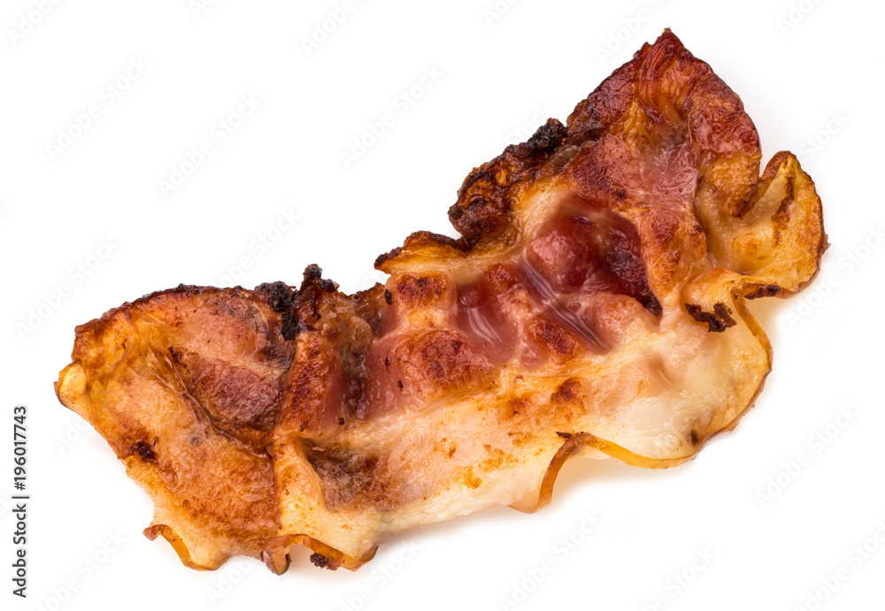 cooked crispy slice of bacon isolated on white background cooked crispy slice of bacon isolated on white background