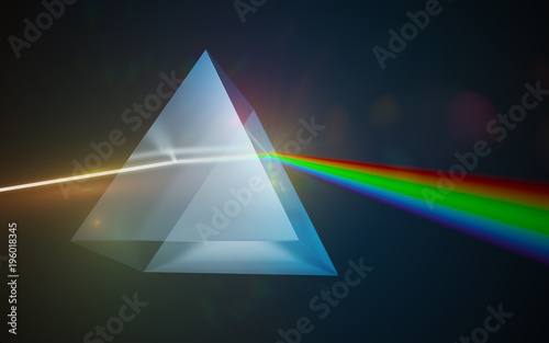 Light dispersion and refraction concept. Light shining through triangular glass prism. 3D rendered illustration.