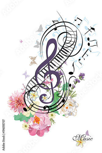 Abstract musical background with flowers. Vector illustration.