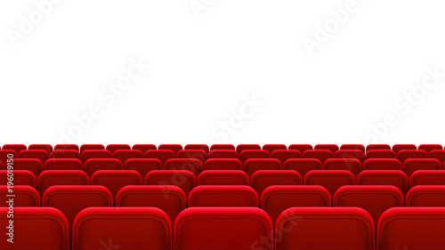 Rows of red seats, back view. Empty seats in the cinema hall, cinema, theater, opera, events, shows. Interior element. Vector realistic 3d illustration.