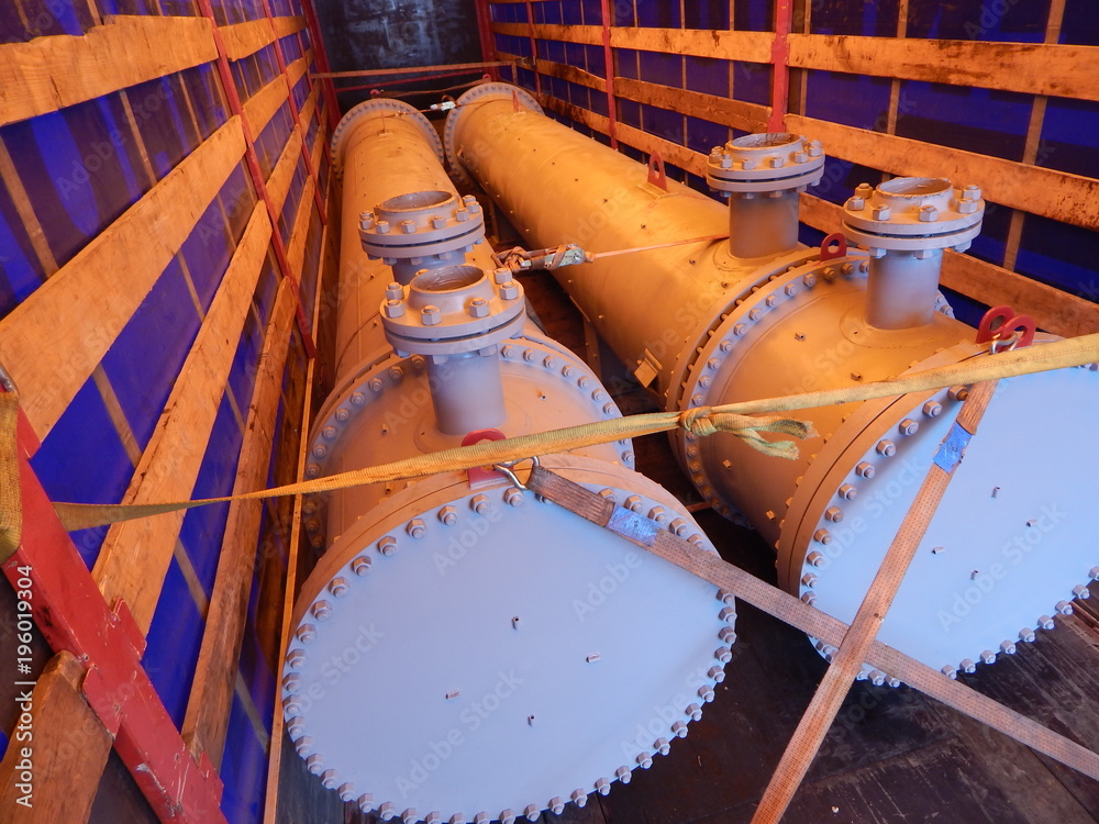 Φωτογραφία Heat exchanger, apparatus, pipe, metal, steel, gray, flange, production, factory