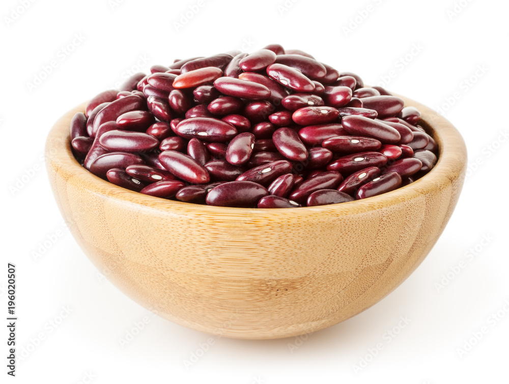 Uncooked red kidney beans in wooden bowl isolated on white background with clipping path Uncooked red kidney beans in wooden bowl isolated on white background with clipping path