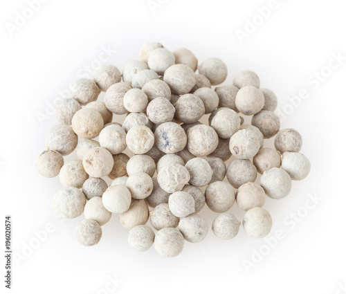 White peppercorns isolated on white background with clipping path