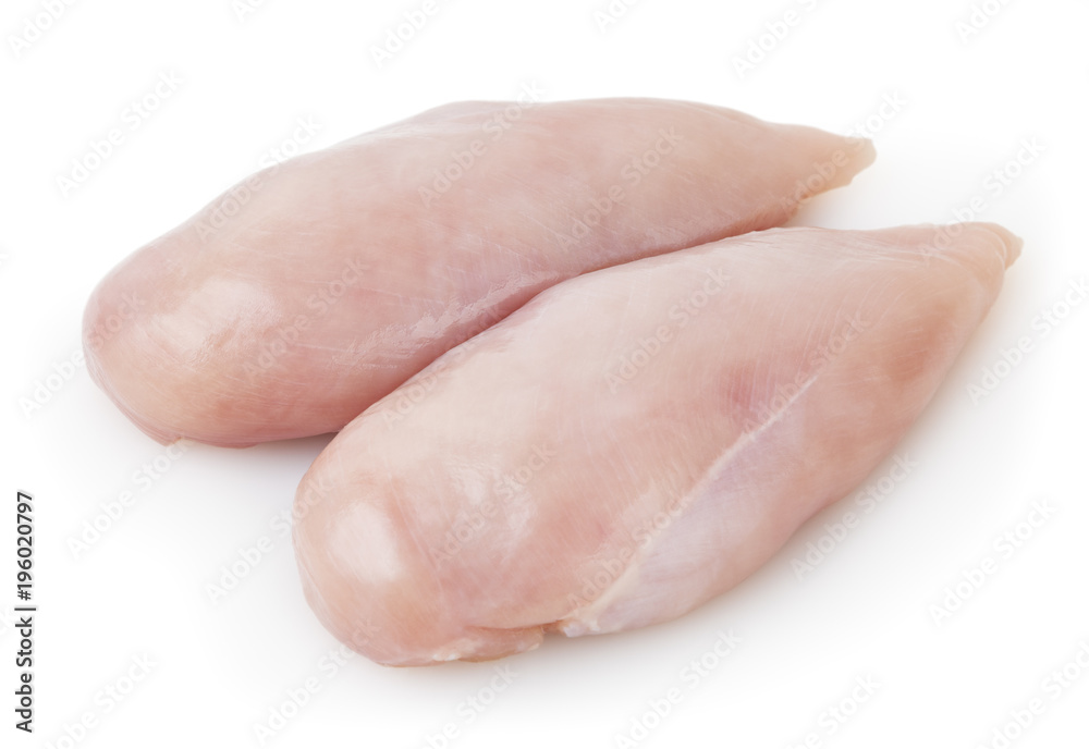 Raw skinless chicken breast fillet isolated on white background with clipping path Raw skinless chicken breast fillet isolated on white background with clipping path