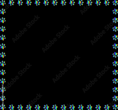 rainbow cat or dog paw walking track square frame on black