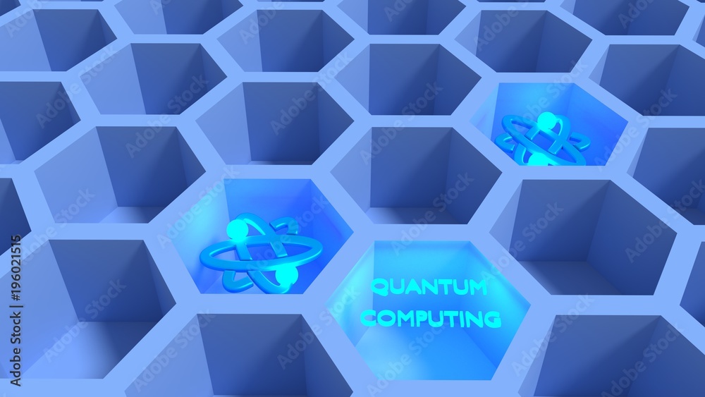 Blue honeycomb net with glowing atom symbols quantum computing concept Blue honeycomb net with glowing atom symbols quantum computing concept