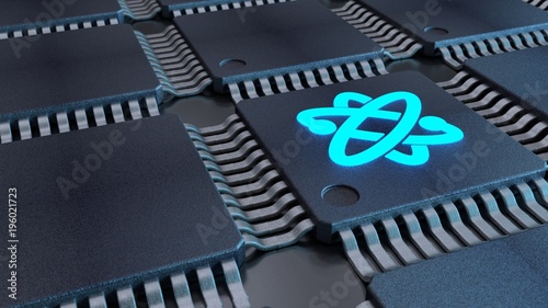 Grid of black chips with a blue atom symbol quantom computing concept