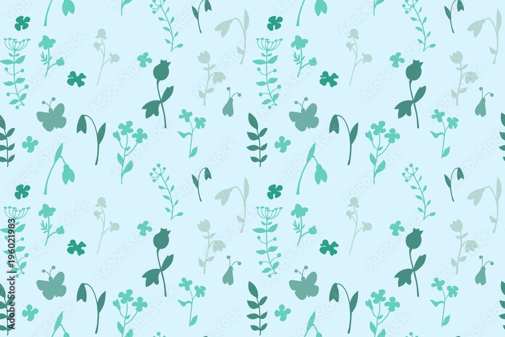 Meadow seamless pattern with a lot of spring and summer flowers from gardens and forests. There are bugs also