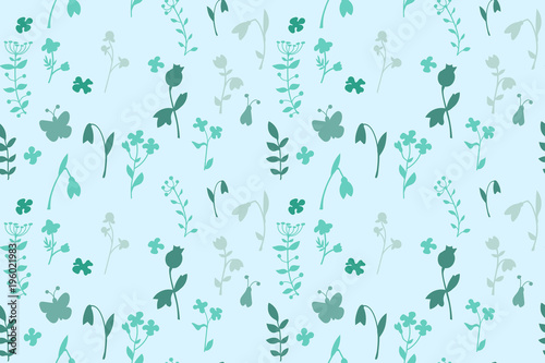 Meadow seamless pattern with a lot of spring and summer flowers from gardens and forests. There are bugs also © Юлия Фуштей