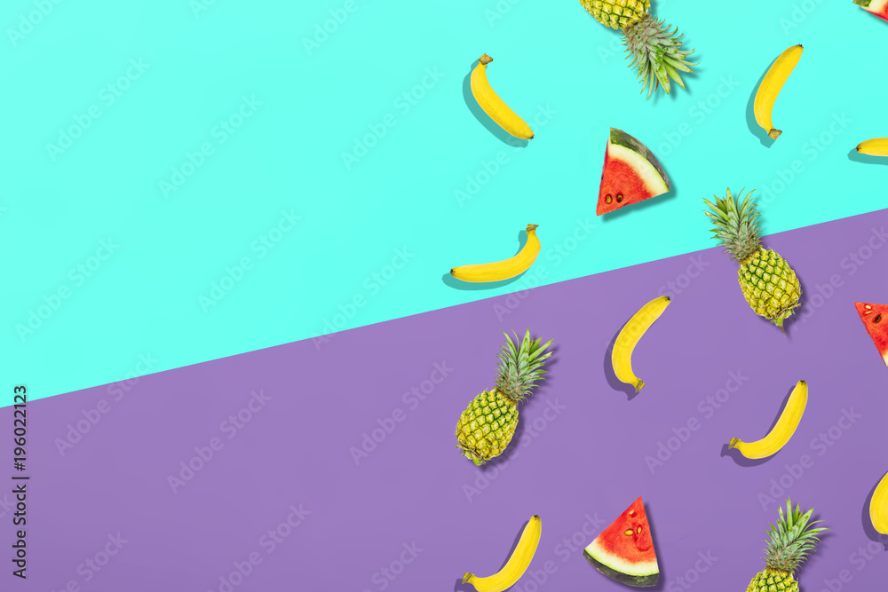 Pattern of fresh summer sweet fruit for holiday concept flat lay mockup and top view of minimal colourful style with copy space for background, pastel fashion in trend