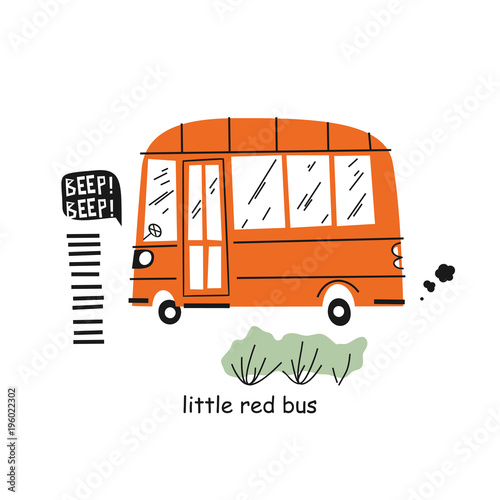 Little red bus illustration vector. The bus is ringing on the road. Red children's bus. Childish toy.