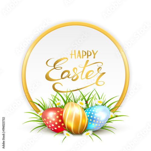 Easter eggs in grass and round card